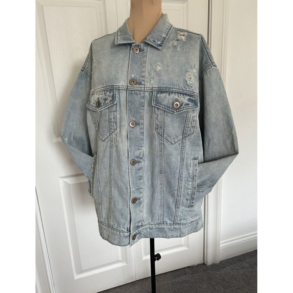 Pistola Womens Denim Oversize Jacket Sun Bleached Distressed Blue Sz XS/S